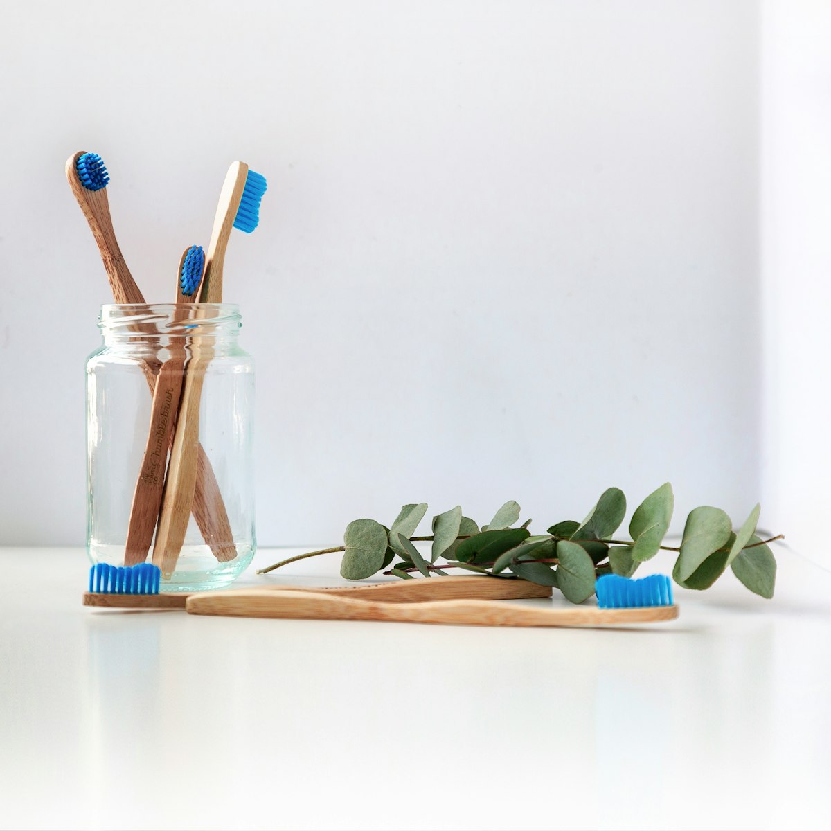 Soft-bristled toothbrushes in a jar beside eucalyptus