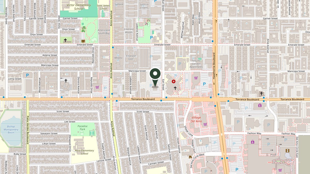 Map of our office on Torrance Blvd just west of Hawthorne Blvd, near Del Amo Fashion Center